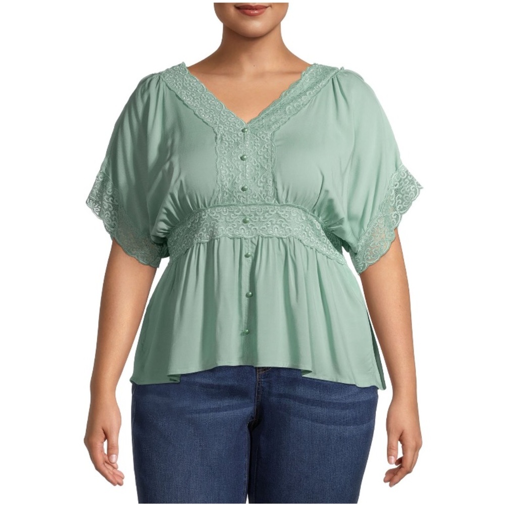Plus Size Button Front Lace Trim Kimono Top NWT